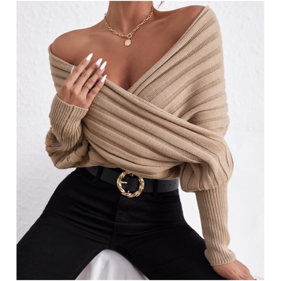 Black Off Shoulder Chunky Knit Overlap Wrap Sweater Top - Picture 2 of 10